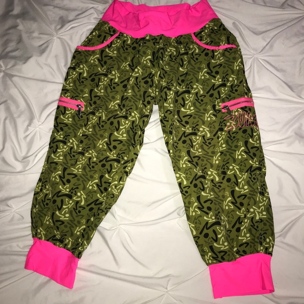 Zumba Fitness pants women's size xl Extra Large New Neon Pink Green Logo Zipper